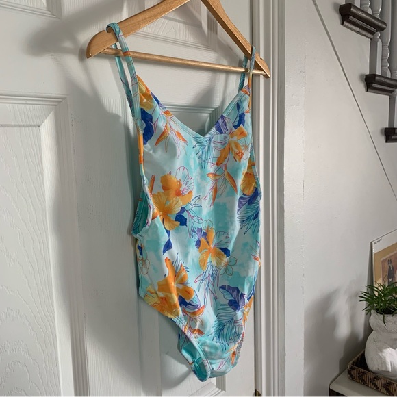 Aqua Blue Floral One Piece Strappy Swim Suit - Picture 4 of 10